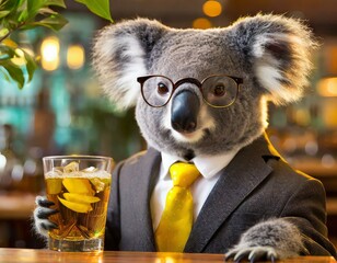 Koala dressed as a businessman at a bar with a drink