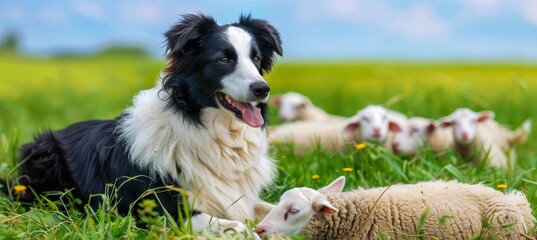 Border collie puppy herding sheep in vibrant green pasture, showcasing intelligence - obrazy, fototapety, plakaty