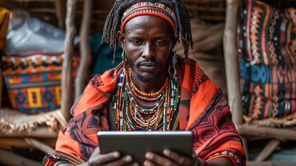 African Man in Traditional Clothing Using Tablet