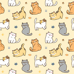 Seamless Pattern of Cute Cartoon Cat Design on Yellow Background