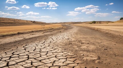Dry cracked road stretching into distance