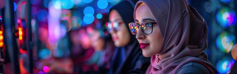 A woman wearing a headscarf and glasses in a linear side shot - Powered by Adobe