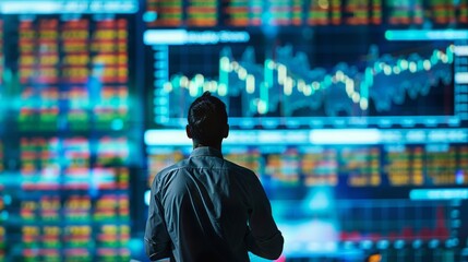 Analyzing Markets: Trader Reviewing Stock Market Data on Screen - obrazy, fototapety, plakaty
