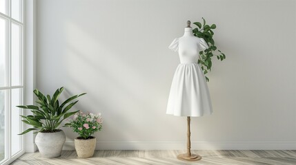 white dress mockup, white wall and plant background, 3d render