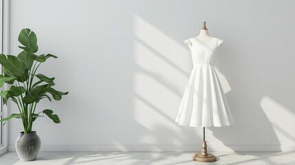 white dress mockup, white wall and plant background, 3d render