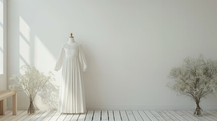white long dress mockup, white wall and spring flower background, 3d render - obrazy, fototapety, plakaty