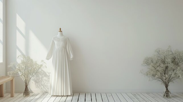 white long dress mockup, white wall and spring flower background, 3d render