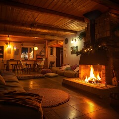 Cozy hostel common room, fireplace, evening, intimate lighting , photographic style - obrazy, fototapety, plakaty