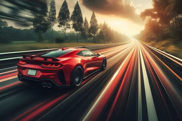 The Rapid Roadster: A Red Sports Car’s High-Speed Adventure on Open Roads - obrazy, fototapety, plakaty
