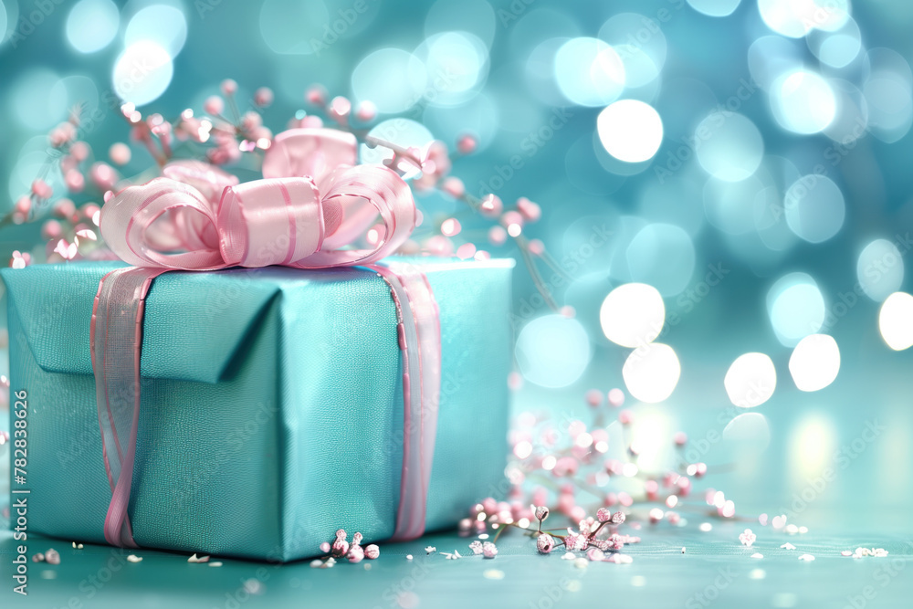 Poster gift box with ribbon and bow. bokeh. background image. Created with Generative AI technology.