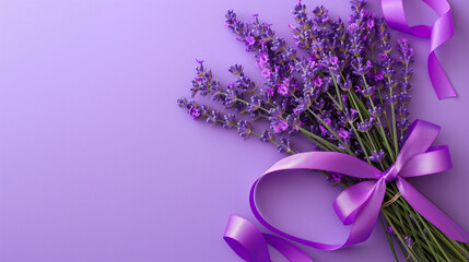 Lovely lavender arrangements with ribbon on lavender background, perfect for Mother's Day, weddings, valentine, women's day and seasonal invitation designs concepts