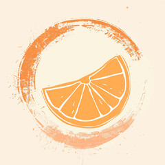 Orange slice and peel illustration in a vibrant orange hue with brushstroke style isolated on a white background. This graphic design element conveys the fresh, zesty essence of citrus fruit