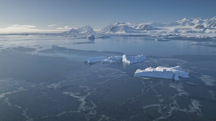 Antarctica Aerial Majestic Seascape Drone View. Open Water Antarctic Ocean Coast Nature Mountain...
