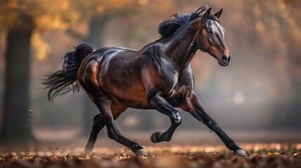 Majestic horse displaying exuberance while galloping freely in the vast openness of a field