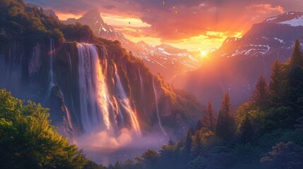 Sunset Over Majestic Waterfall and Mountain Landscape