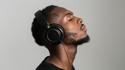 A close-up of a black man wearing headphones and listening to music