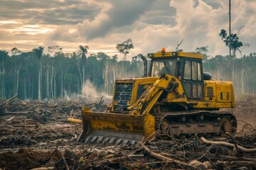 A bulldozer clearing a vast tract of forest, symbolizing the rapid destruction of ecosystems due to deforestation - obrazy, fototapety, plakaty