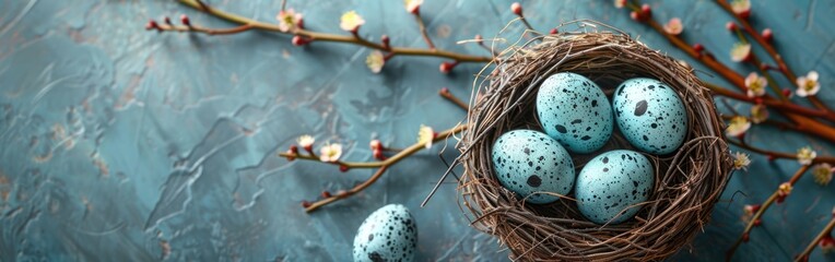 Naklejka na ściany i meble Easter Nests with Turquoise and White Quail Eggs and Catkins on Concrete Table - Happy Easter Holiday Celebration Background Banner 