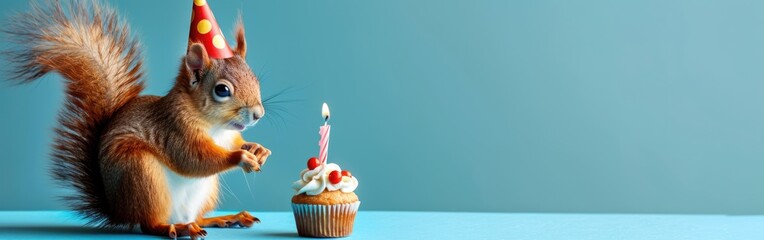 Festive Fun: Red Squirrel with Party Hat and Cupcake Celebrating Happy Birthday, Carnival, New Year's Eve, Sylvester, or Other Festive Occasions on Blue Background - obrazy, fototapety, plakaty