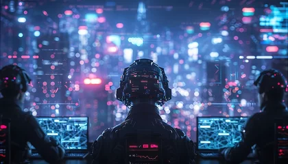 Foto op Aluminium hackers utilizing advanced AI to infiltrate a secure network in a cyberpunk world, navigating rival factions and avoiding detection © AhmadTriwahyuutomo