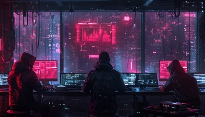 hackers utilizing advanced AI to infiltrate a secure network in a cyberpunk world, navigating rival factions and avoiding detection - obrazy, fototapety, plakaty