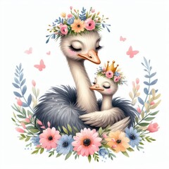 Ostrich Mom and Son , Watercolor Mother's Day Clip Art, Greeting Art Cute Cartoon Character Illustration Design Isolated on White Background