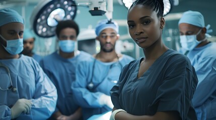 AfricanAmerican Female Surgeon Exudes Confidence in Operating Room Leading Medical Team Generative ai