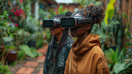 Fototapeta premium Two african american woman enjoying their daily lives while using VR headset