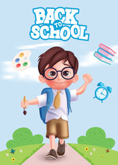 Back to school boy character vector poster. School kid cute character happy walking, smiling and wearing schoolbag for educational design. Vector illustration school boy character poster.
