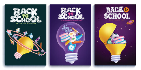 Back to school vector poster set. Back to school greeting with yellow and transparent bulb elements for science educational lay out collection. Vector illustration school greeting set design. 
