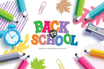 Back to school vector template design. Welcome back to school greeting text in colorful typography with arts color pencil, ruler and brush elements in black background. Vector illustration school 