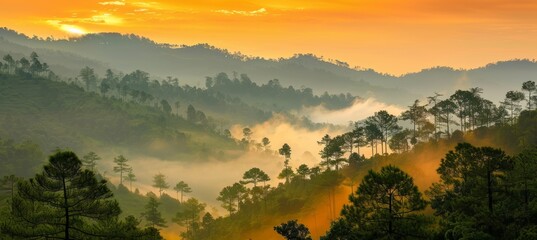 Majestic mountain sunrise with clouds, fog, and orange sky in the serene morning landscape