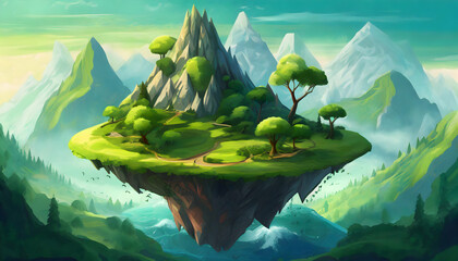 Abstract illustration green fantasy floating island with mountains on digital art concept, Generative AI. - 782841050