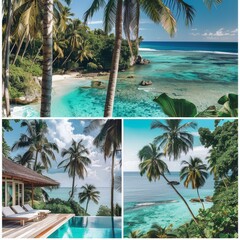A collage of 3 beach photos with palm trees and blue water.