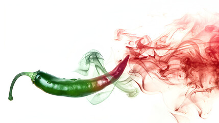 Fototapeta premium red and green hot chili pepper with color smoke on white,Piment rouge chaud isolé sur fond blanc avec de la fumée rouge,smoking chili.