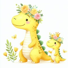 Yellow Dinosaur Mom and Baby ,Watercolor Mother's Day Clip Art, Greeting Art Cute Cartoon Character Illustration Design Isolated on White Background