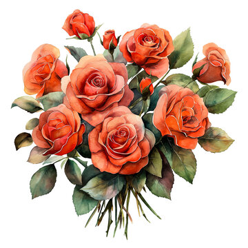Bouquet of roses flowers in watercolour style isolated on transparent background.