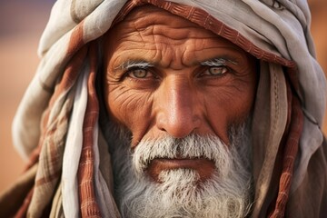Grace of age reflected in the eyes of an elderly Bedouin, his pastel brown robes billowing softly...