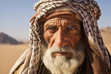 Age reflected in the eyes of an elderly Bedouin, his pastel brown robes billowing softly as he...