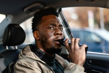 Man taking alcohol breath test with breathalyzer analyzer