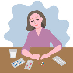 たくさんの薬を飲むことに疑問を持ち悩んでいる若い女性とテーブルに広げられた数種類の錠剤やカプセルのシートと水の入ったグラスもやもやした感情の背景