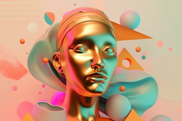 Abstract 3D Illustration of a Glossy Golden Humanoid Head with Geometric Shapes