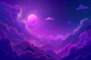 Zelfklevend Fotobehang Mystical Night Sky with Vibrant Pink Moon and Glowing Stars Over Dreamy Clouds © Generative ART