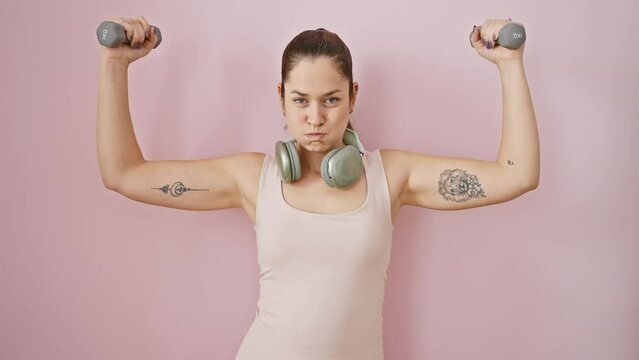 Hilarious young woman with blue eyes, puffing cheeks in a funny face while lifting weights in sportswear, headphones over pink isolated background.