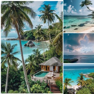 A collage of 4 beach photos with palm trees and blue water.