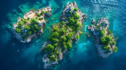 Naklejka na ściany i meble Aerial view of isolated tree-covered islands in clear blue water 