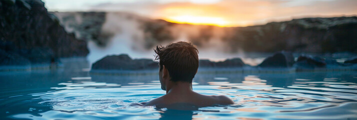 Young man ejoying spa in hot springs in Iceland