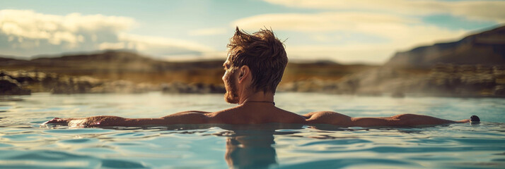 Young man ejoying spa in hot springs in Iceland - obrazy, fototapety, plakaty
