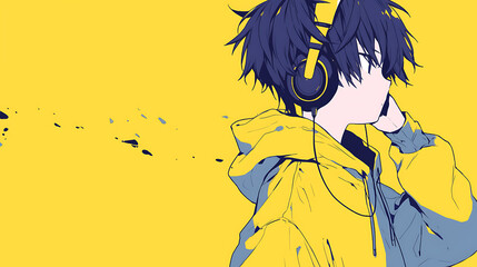 Cool Anime manga boy teenager listening music with headphones background . generative ai	
