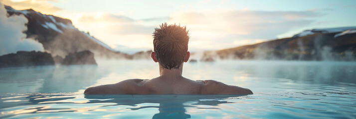 Young man ejoying spa in hot springs in Iceland - obrazy, fototapety, plakaty